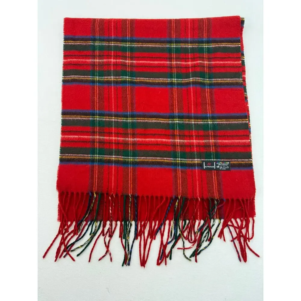 V. Fraas Cashmink Red Tartan Plaid Fringe Scarf Made in Germany 66 x 15.5